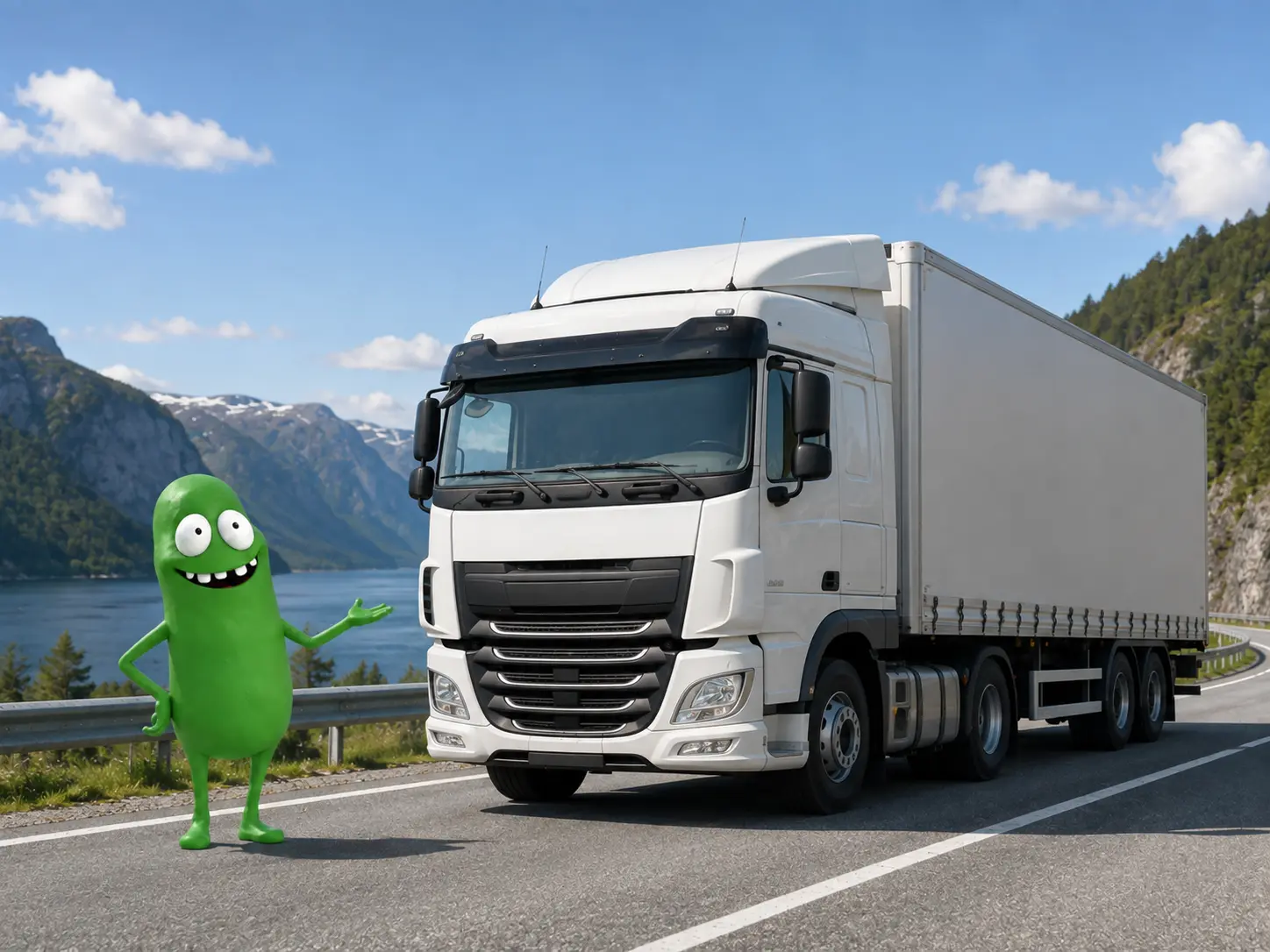 Maskotten ved siden av en hvit lastebil med semitrailer