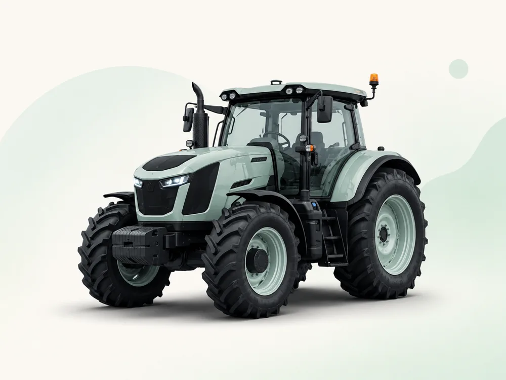 Maskotten ved siden av en traktor på en gård