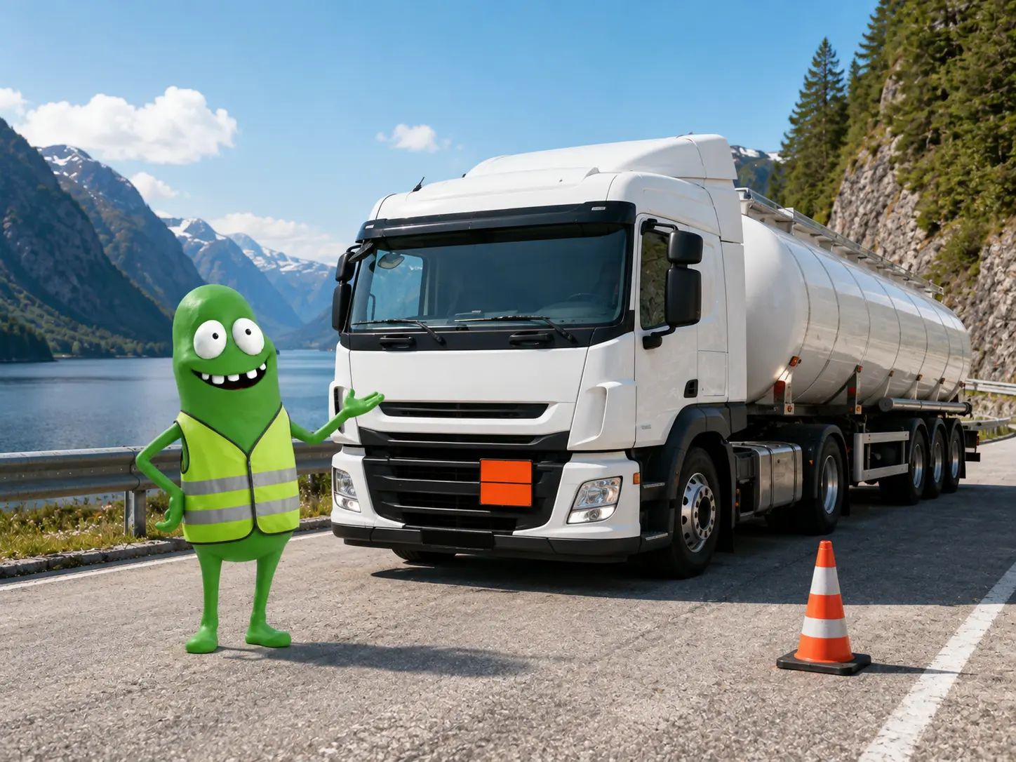 Maskotten i refleksvest ved en tankbil med ADR-skilt