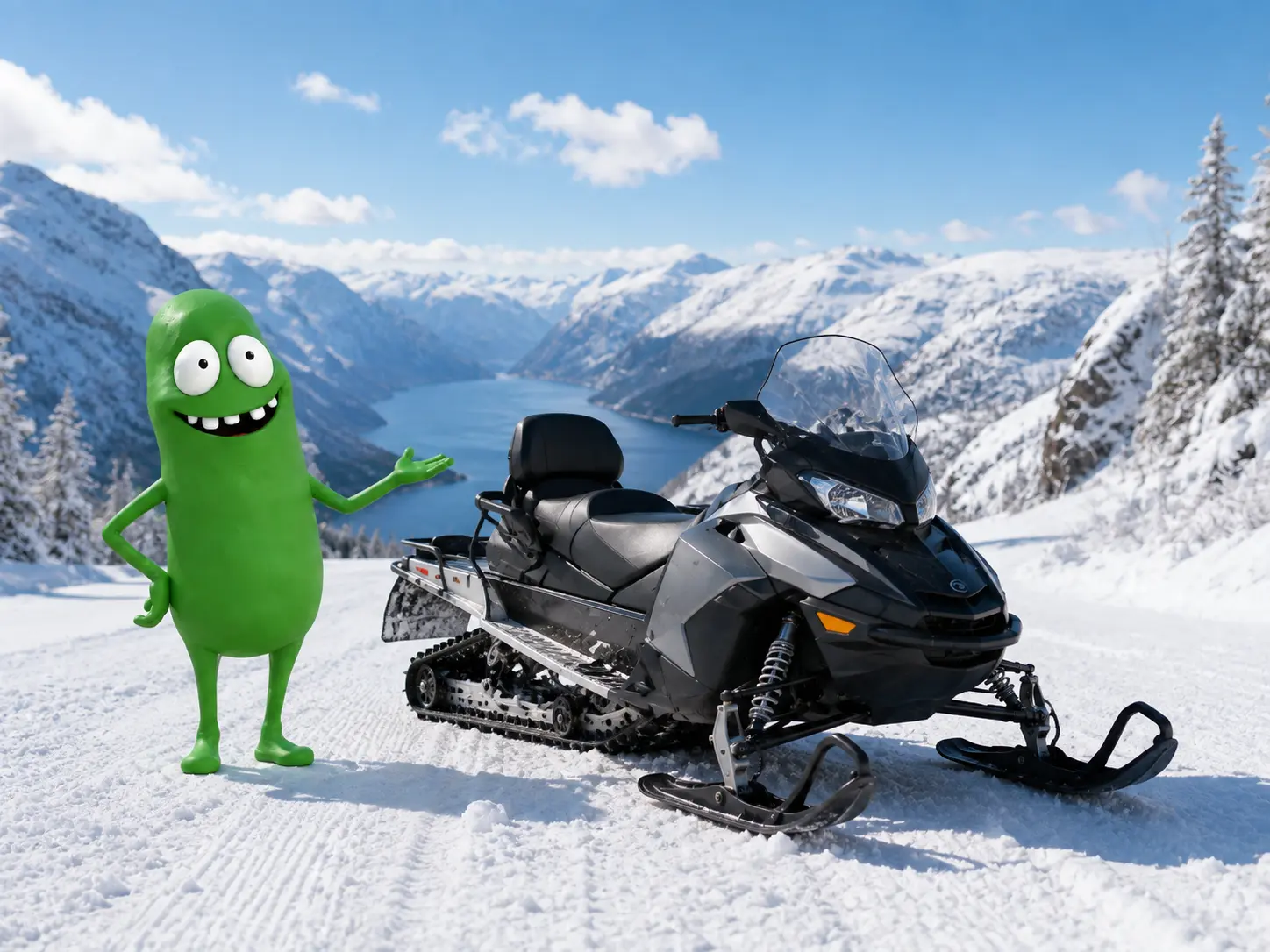 Maskotten ved en snøscooter i snødekt fjellandskap